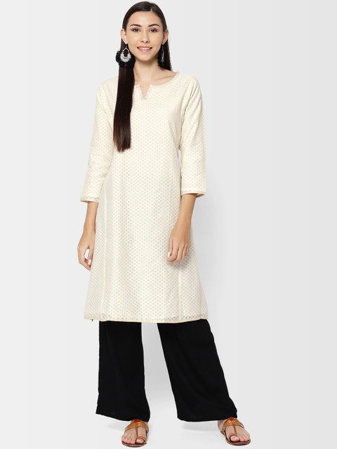 

Fabindia Women Off-White Woven Design A-Line Kurta