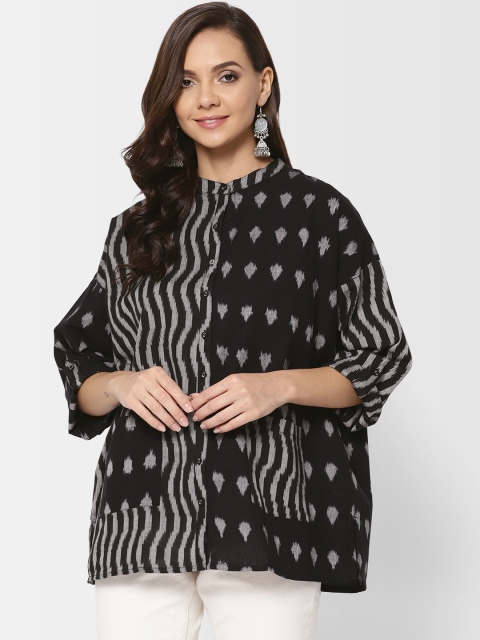 

Fabindia Women Black & Grey Regular Fit Ikat Self Design Boxy Casual Shirt