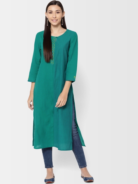 

Fabindia Women Green Striped Straight Kurta