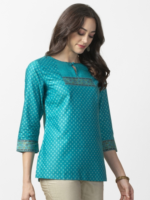 

Fabindia Women Turquoise Blue & Golden Printed Straight Kurti