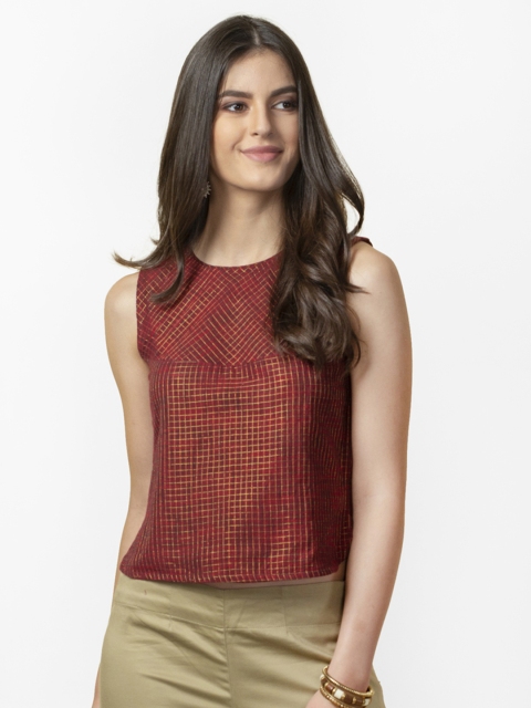 

Fabindia Women Maroon & Golden Checked Top