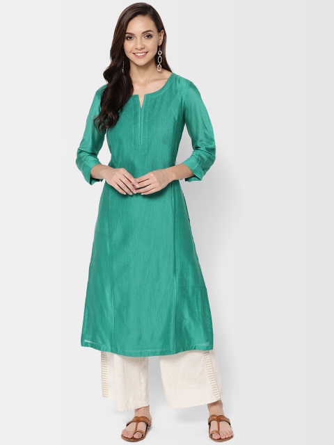 

Fabindia Women Green Solid Pintucks Detail A-Line Kurta