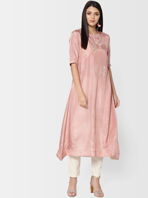 

Fabindia Women Dusty Pink Silk Yoke Design A-Line Kurta