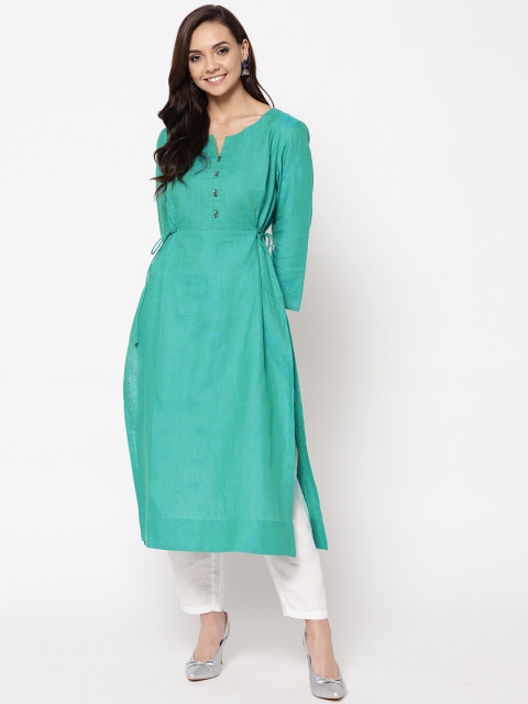 

Fabindia Women Green Yoke Design Slim Fit Straight Kurta