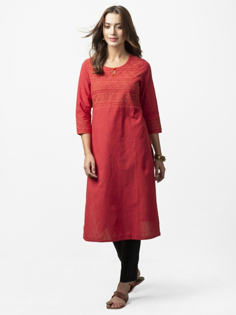 

Fabindia Women Red Yoke Design Hand Embroidered Straight Kurta