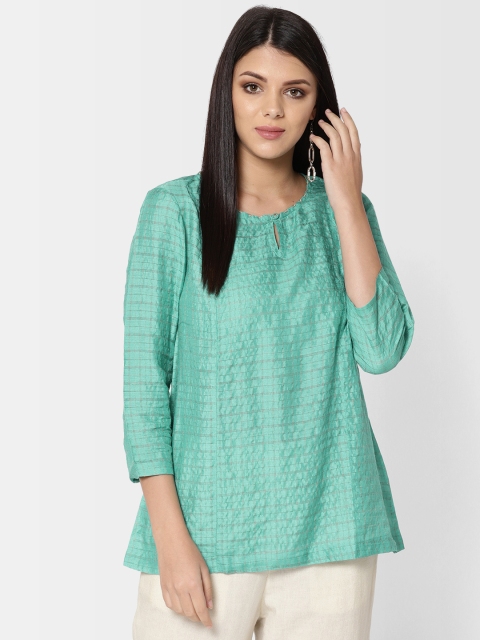 

Fabindia Women Green & Golden Hand Embroidered Checked A-Line Kurti