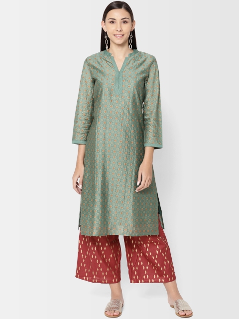 

Fabindia Women Green & Golden Printed Straight Kurta