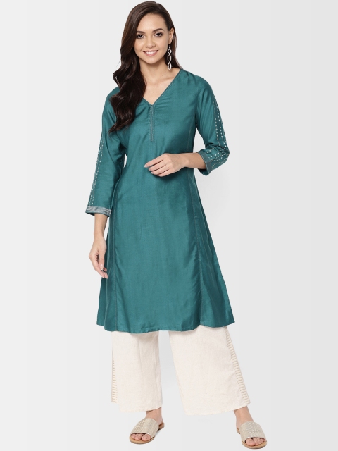 

Fabindia Women Teal Blue Solid A-Line Kurta