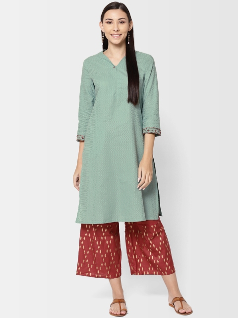

Fabindia Women Green Embroidered Slim Fit Straight Kurta