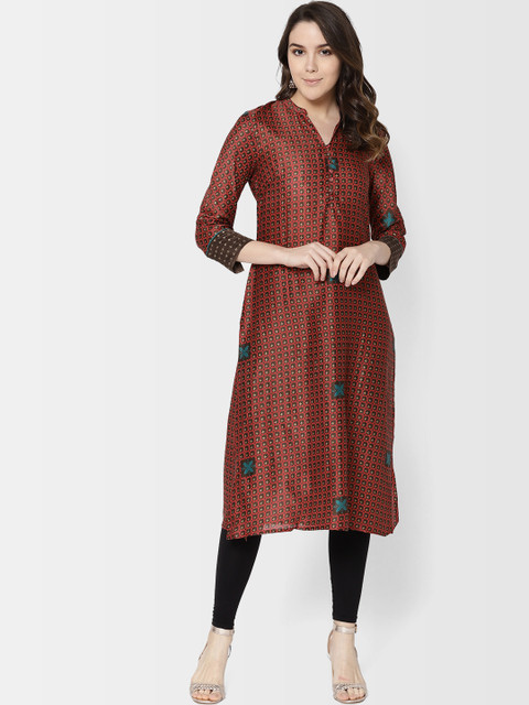

Fabindia Women Maroon & Brown Printed Straight Kurta