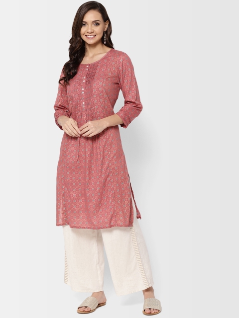 

Fabindia Women Dusty Pink & Golden Printed Straight Kurta