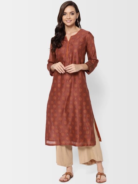 

Fabindia Women Rust Red Handblock Print Straight Kurta