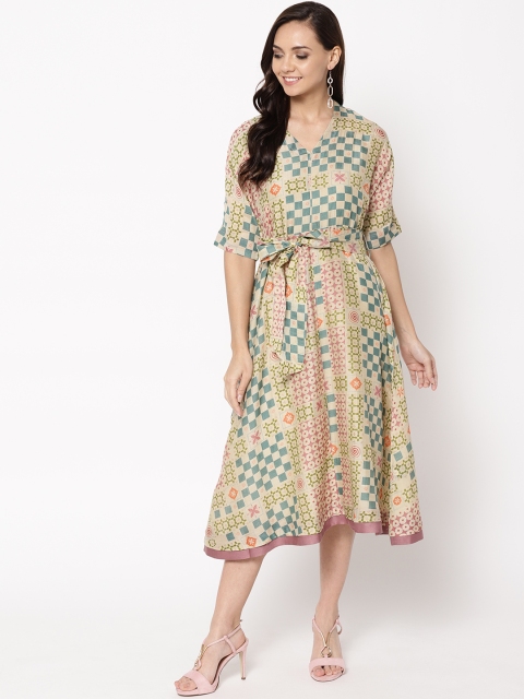 

Fabindia Women Beige & Blue Printed A-Line Dress