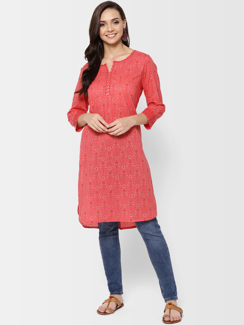 

Fabindia Women Pink & Golden Printed Straight Kurta
