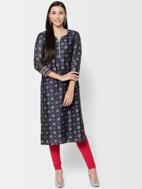 

Fabindia Women Navy Blue & Pink Hand Block Printed Straight Kurta