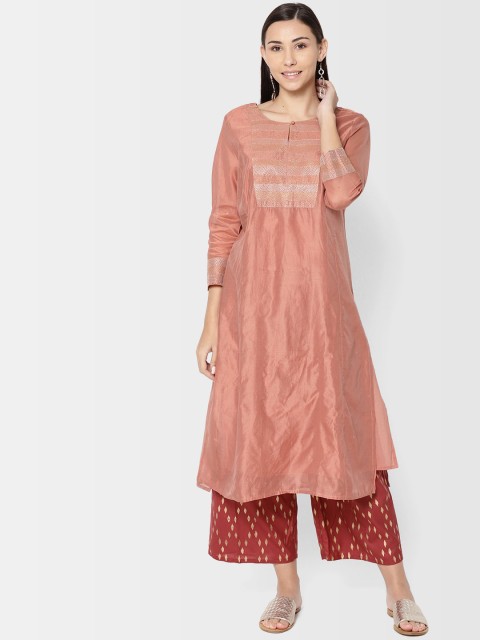 

Fabindia Women Peach-Coloured Yoke Design Straight Kurta