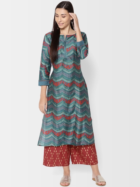 

Fabindia Women Blue & Red Handblock Print A-Line Kurta