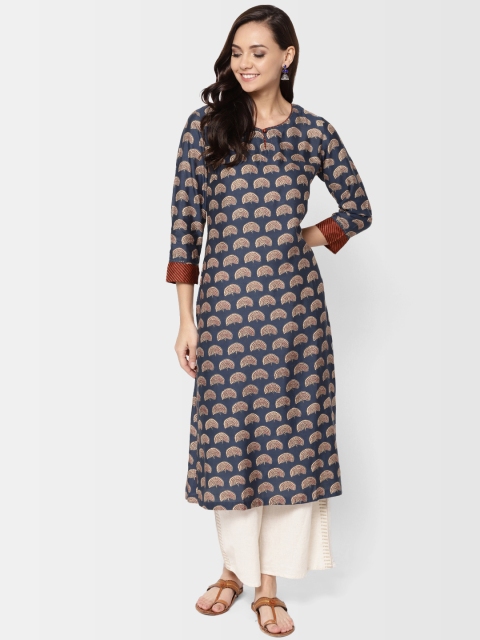 

Fabindia Women Navy Blue & Cream-Coloured Printed Straight Kurta