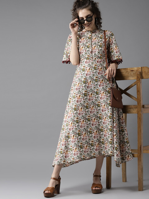 

HERE&NOW Women Beige & Olive Green Floral Printed Maxi Dress
