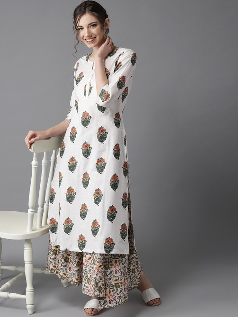 

HERE&NOW Women White & Green Printed Kurta with Skirt