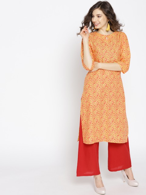 

HERE&NOW Women Yellow & Green Printed Straight Kurta