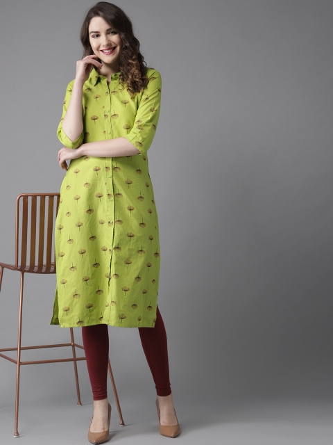 

HERE&NOW Women Green & Brown Printed Straight Kurta