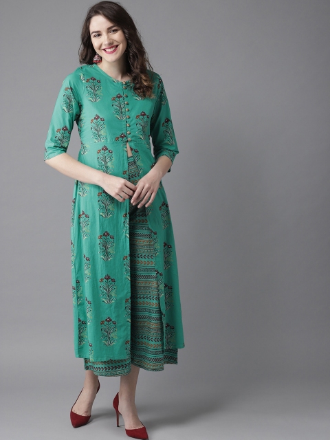 

HERE&NOW Women Green & Maroon High Slit Printed Kurta with Palazzos