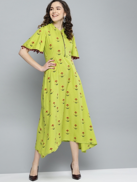 

HERE&NOW Women Lime Green & Brown Floral Printed A-Line Dress