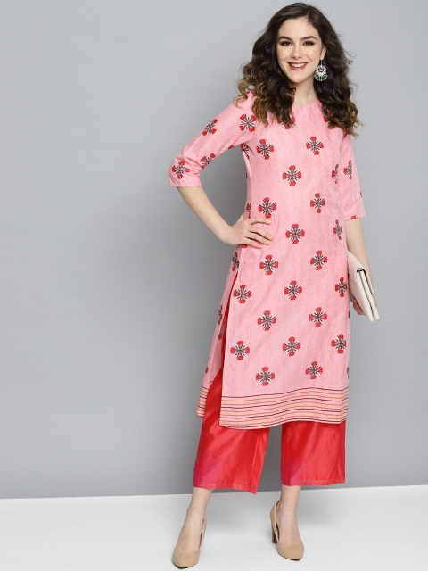 

HERE&NOW Women Pink & Green Floral Printed Straight Kurta