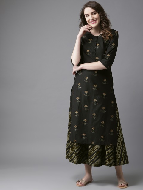 

HERE&NOW Women Black & Olive Green Printed Kurta with Skirt