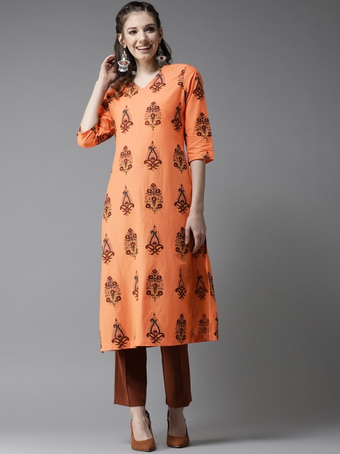 

HERE&NOW Women Orange & Burgundy Boota Print Straight Kurta