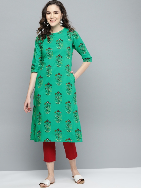 

HERE&NOW Women Green & Maroon Floral Printed Straight Kurta