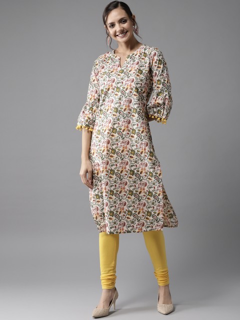 

HERE&NOW Women Off-White & Olive Green Printed Straight Kurta