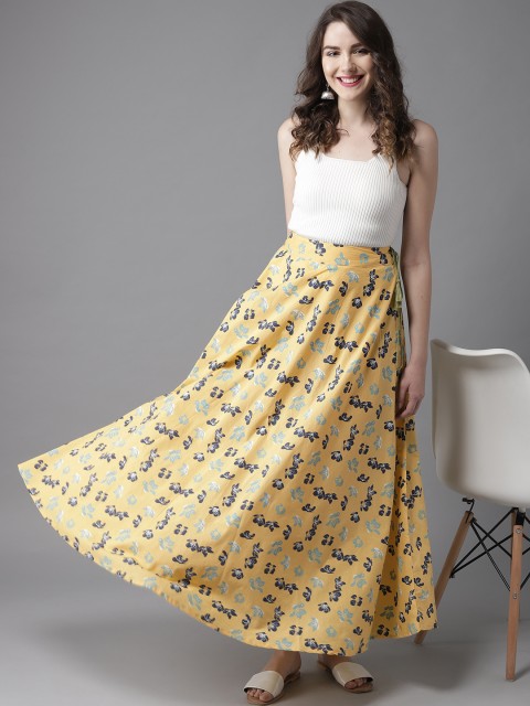 

HERE&NOW Women Yellow & Navy Blue Printed Maxi Flared Skirt