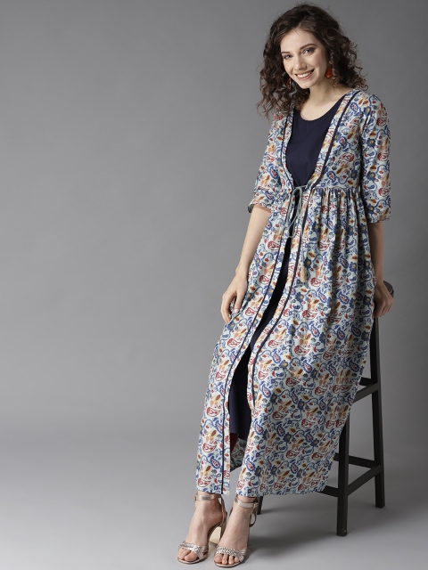 

HERE&NOW Women Blue & Maroon Printed Layered A-Line Kurta