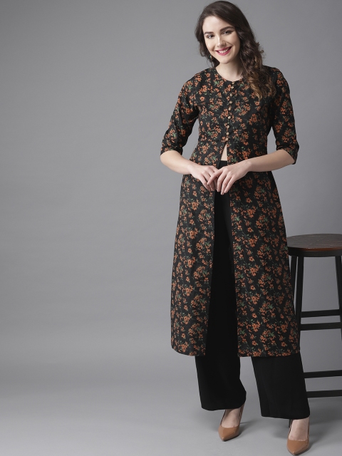 

HERE&NOW Women Black & Rust Orange Floral Printed A-Line Kurta