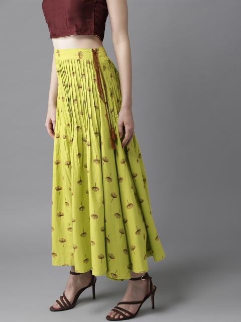 

HERE&NOW Women Green & Brown Printed Maxi Flared Skirt