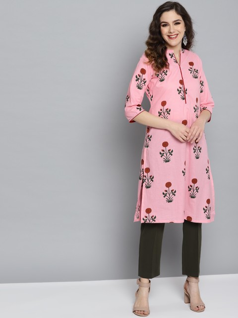 

HERE&NOW Women Pink & Green Printed Straight Kurta