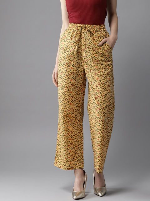 

HERE&NOW Women Yellow & Green Printed Straight Palazzos