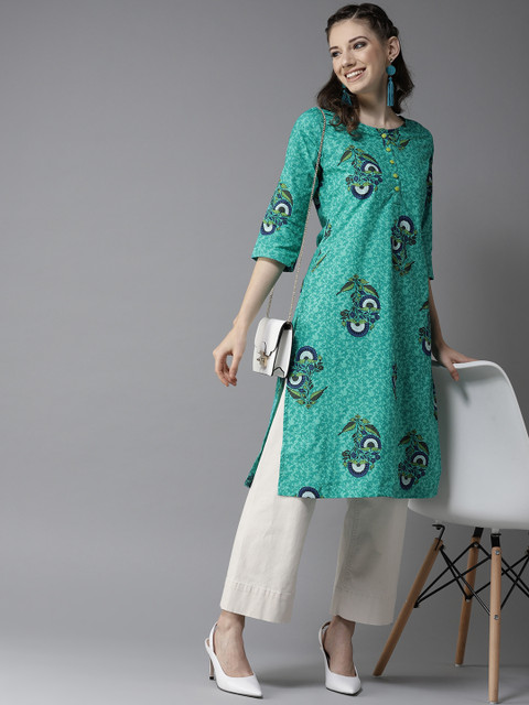 

HERE&NOW Women Green & Blue Printed Straight Kurta
