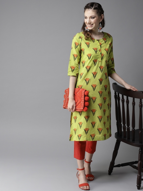 

HERE&NOW Women Green & Rust Orange Floral Printed Straight Kurta