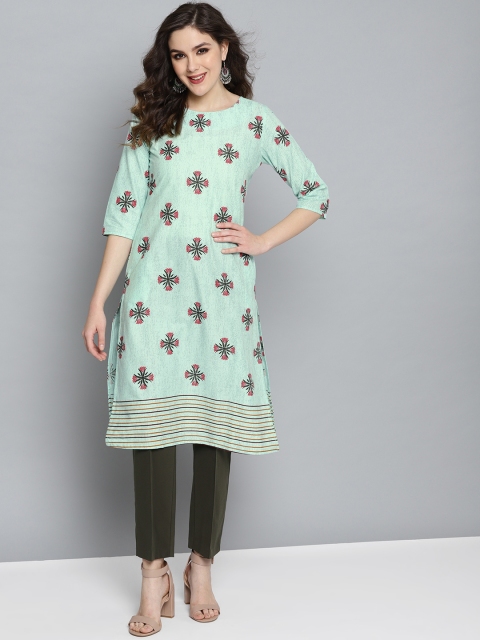 

HERE&NOW Women Green & Pink Floral Printed Straight Kurta