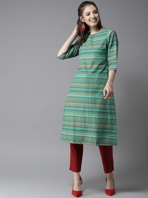 

HERE&NOW Women Green & Maroon Striped Straight Kurta