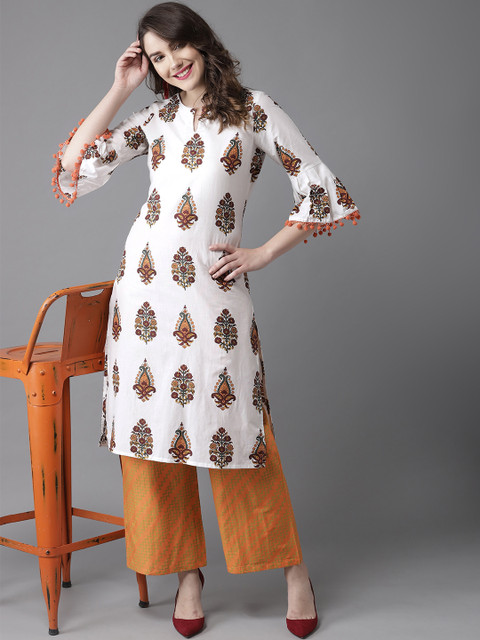 

HERE&NOW Women White & Orange Printed Kurta with Palazzos
