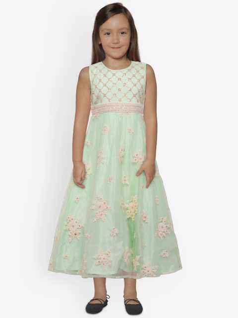 

Biba Girls Green & Off-White Floral Embroidered Net Maxi Dress