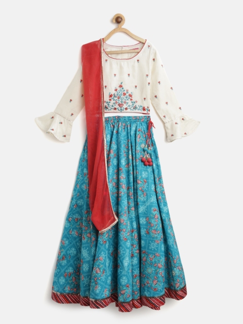 

Biba Girls Blue & Off-White Embroidered Ready to Wear Lehenga & Blouse with Dupatta
