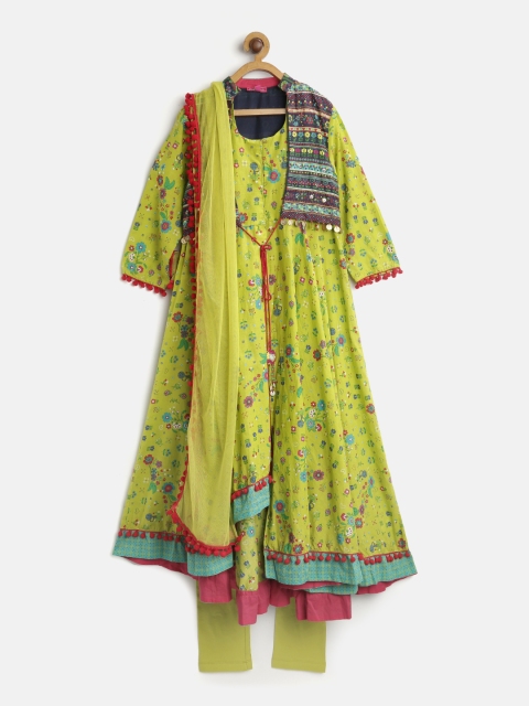 

Biba Girls Green Printed Kurta with Churidar, Dupatta & Dupatta