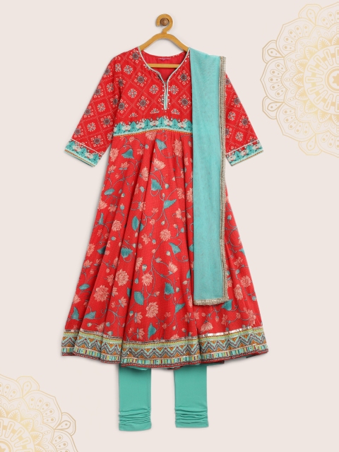 

Biba Girls Red & Blue Printed Kurta & Churidar with Dupatta