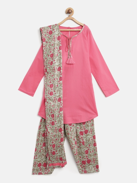 

Biba Girls Pink & Green Solid Kurta with Printed Salwar & Dupatta