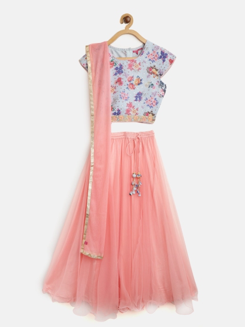 

Biba Girls Pink & Blue Printed Ready to Wear Lehenga & Blouse with Dupatta
